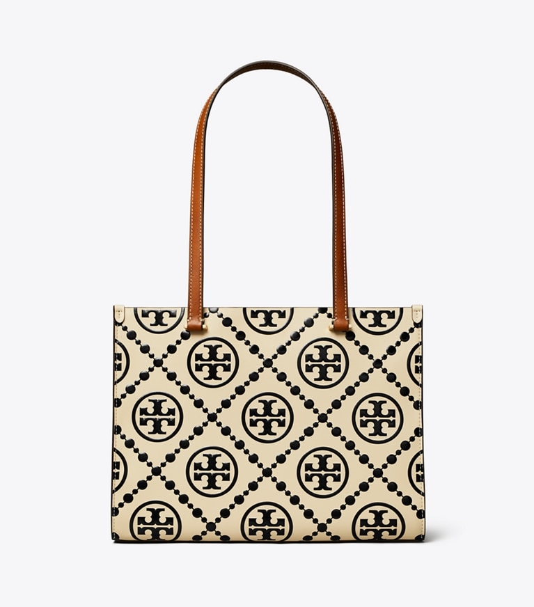 Tory Burch designer tote bags T Monogram Contrast Embossed Small Tote in Black/White back