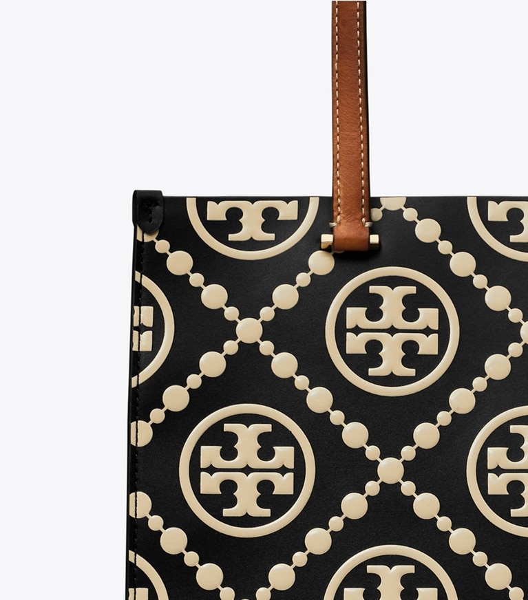 Tory Burch designer tote bags T Monogram Contrast Embossed Small Tote in Black/White detail