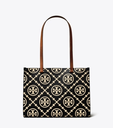 Tory Burch designer tote bags T Monogram Contrast Embossed Small Tote in Black/White front