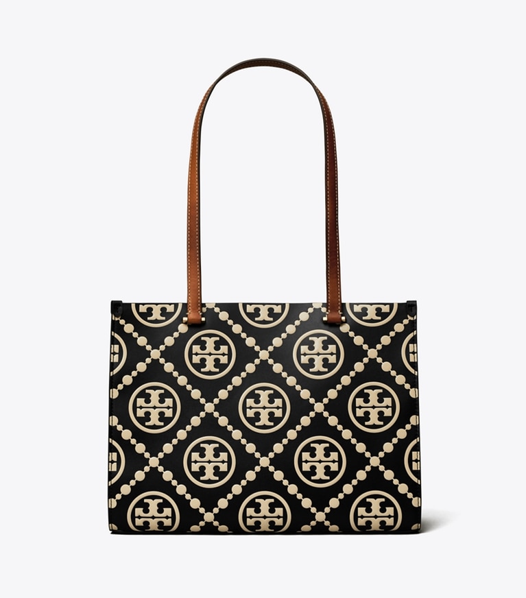Tory Burch designer tote bags T Monogram Contrast Embossed Small Tote in Black/White front