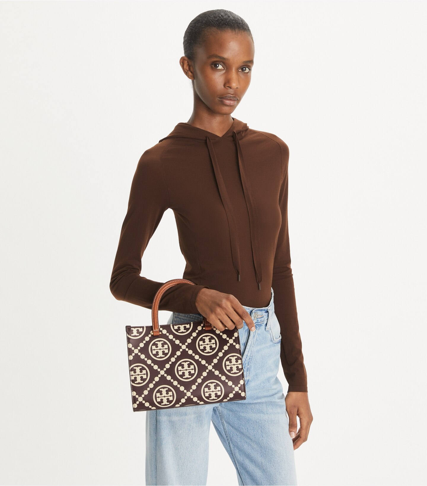 T Monogram Contrast Embossed Top-Handle Tote