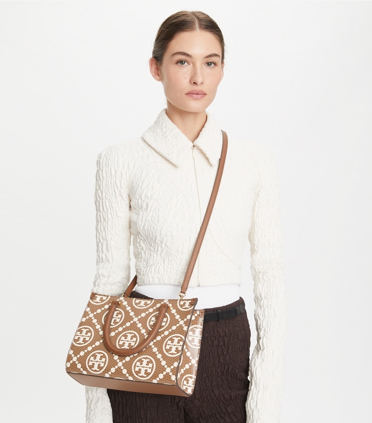 Tory Burch designer satchels T Monogram Contrast Embossed Top-Handle Tote in Walnut accessory on model
