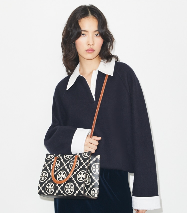 Tory Burch designer tote bags T Monogram Contrast Embossed Top-Handle Tote in Black/White accessory on model