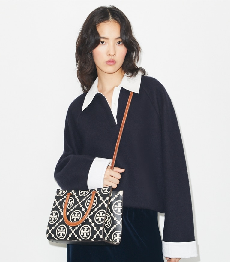 Tory Burch designer tote bags T Monogram Contrast Embossed Top-Handle Tote in Black/White angle