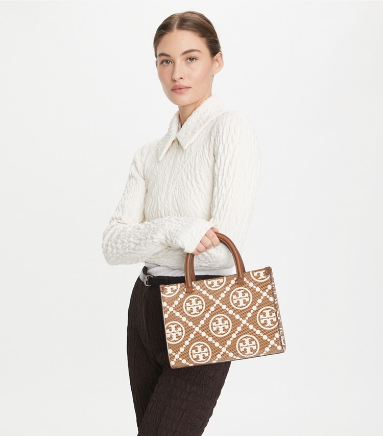 Tory Burch designer satchels T Monogram Contrast Embossed Top-Handle Tote in Walnut additional on model