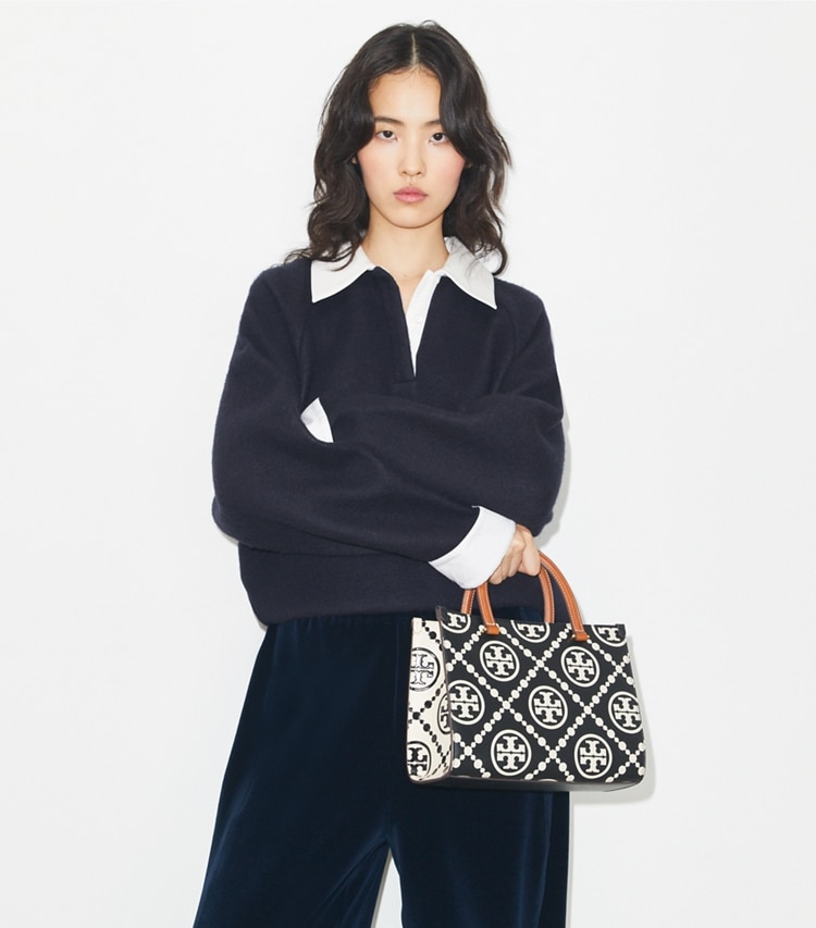 Tory Burch designer tote bags T Monogram Contrast Embossed Top-Handle Tote in Black/White additional on model
