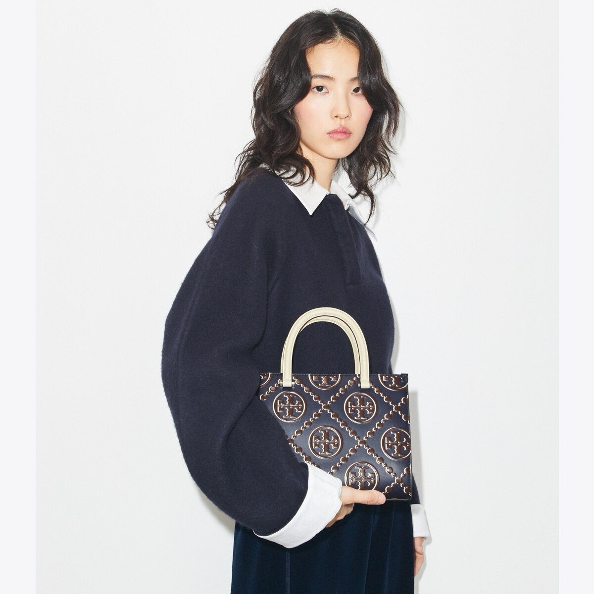 T Monogram Contrast Embossed Top-Handle Tote: Women's Designer