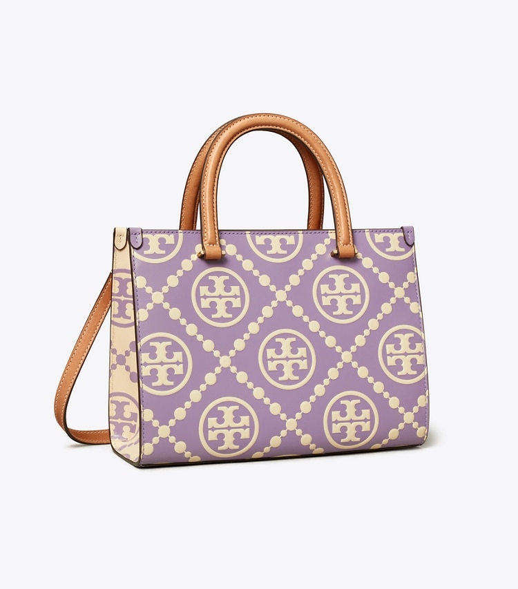 Tory Burch designer トートバッグ Tモノグラム コントラスト エンボス トップハンドル トート in Lilac / New Cream angle
