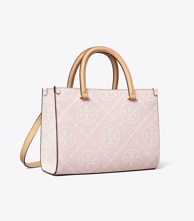 Tory Burch designer tote bags T Monogram Contrast Embossed Top-Handle Tote in Powder Pink angle