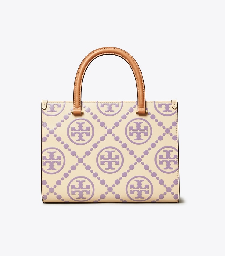 Tory Burch designer トートバッグ Tモノグラム コントラスト エンボス トップハンドル トート in Lilac / New Cream 戻る