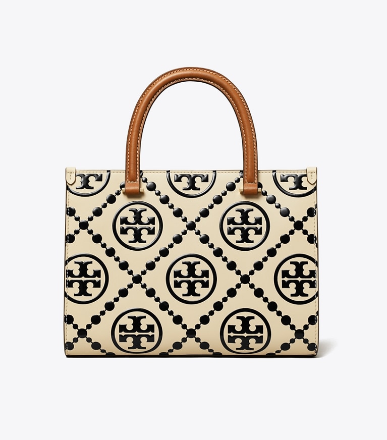 Tory Burch designer tote bags T Monogram Contrast Embossed Top-Handle Tote in Black/White angle