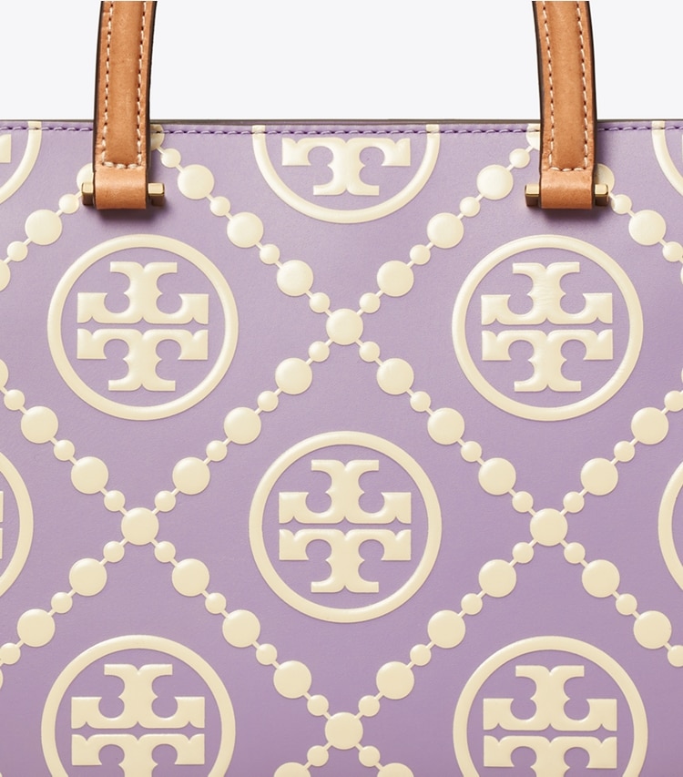 Tory Burch designer トートバッグ Tモノグラム コントラスト エンボス トップハンドル トート in Lilac / New Cream ディテール