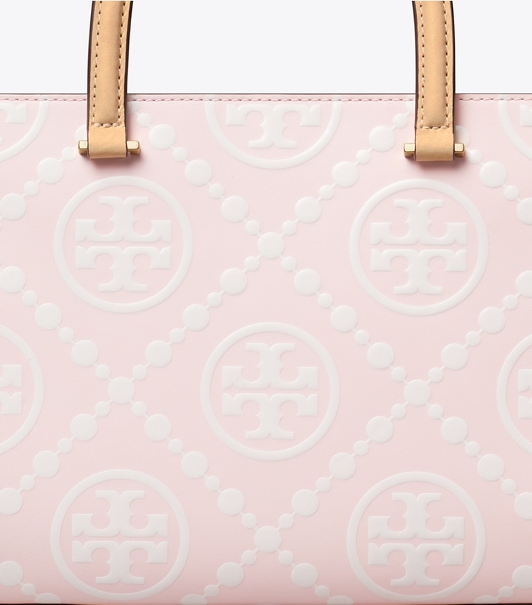 Tory Burch designer tote bags T Monogram Contrast Embossed Top-Handle Tote in Powder Pink angle