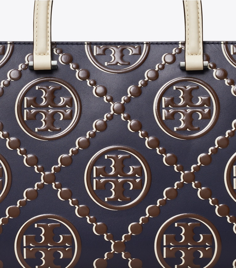 Tory Burch designer tote bags T Monogram Contrast Embossed Top-Handle Tote in Tory Navy / John Coco angle