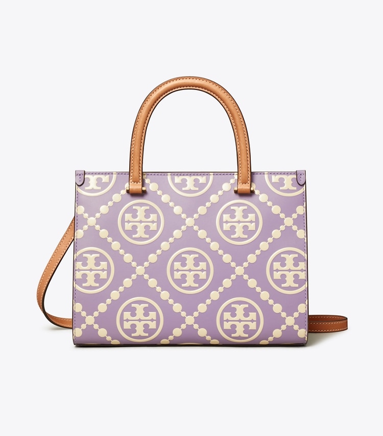 Tory Burch designer トートバッグ Tモノグラム コントラスト エンボス トップハンドル トート in Lilac / New Cream front