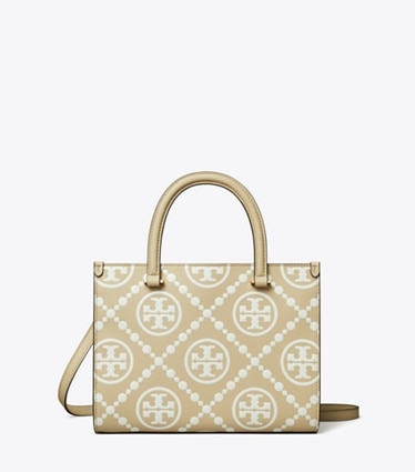 Tory Burch designer tote bags T Monogram Contrast Embossed Top-Handle Tote in Beige front