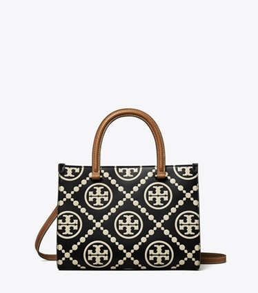 Tory Burch designer tote bags T Monogram Contrast Embossed Top-Handle Tote in Black/White front