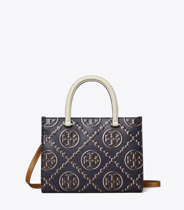 Tory Burch designer tote bags T Monogram Contrast Embossed Top-Handle Tote in Tory Navy / John Coco front