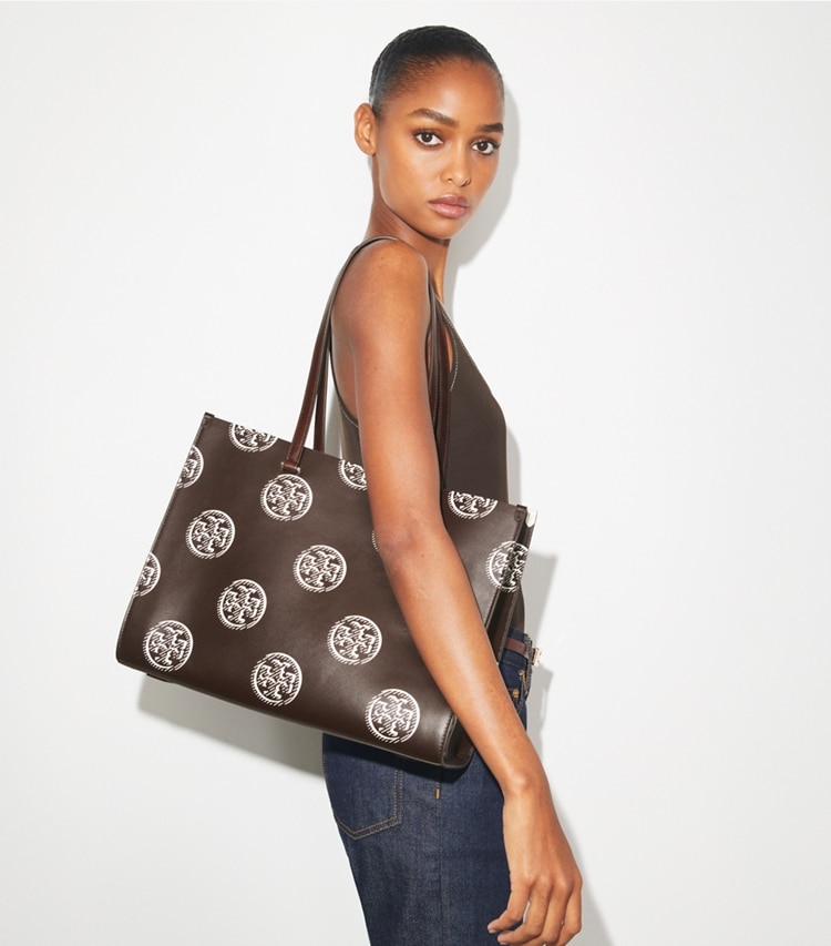 Tory Burch designer tote bags T Monogram Contrast Embossed Tote in Chocolate accessory on model