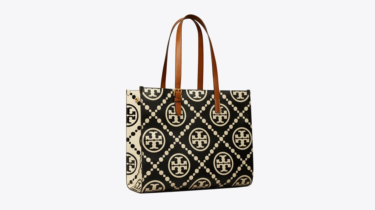 Tory Burch T Monogram Coated Canvas Small Tote in Black
