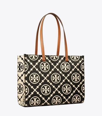 Tory Burch designer tote bags T Monogram Contrast Embossed Tote in Black/White angle