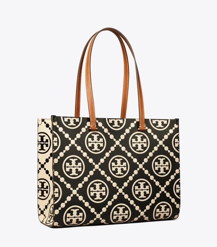 Tory Burch designer tote bags T Monogram Contrast Embossed Tote in Black/White angle
