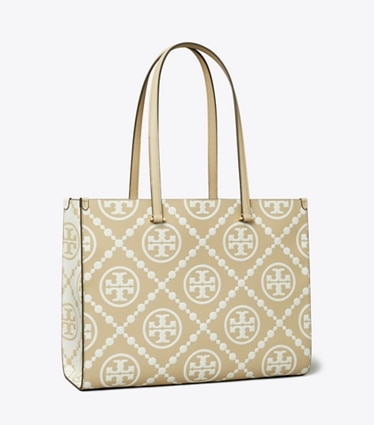 Tory Burch designer tote bags T Monogram Contrast Embossed Tote in Beige angle