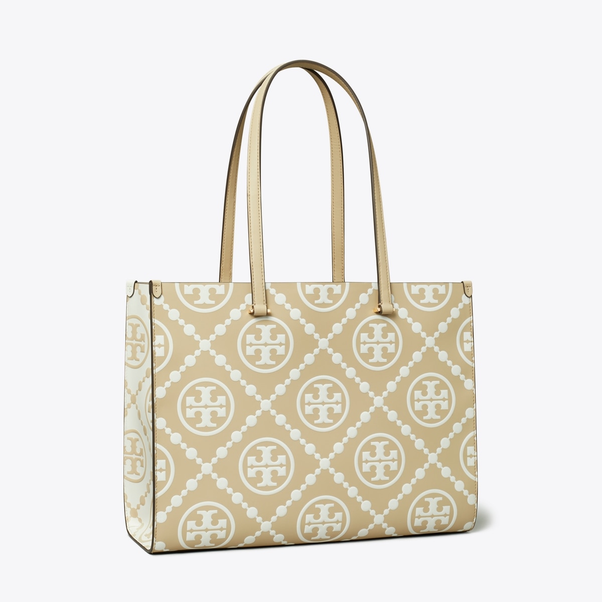 T Monogram Contrast Embossed Tote in beige, size OS