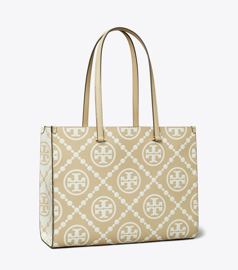 Tory Burch designer tote bags T Monogram Contrast Embossed Tote in Beige angle