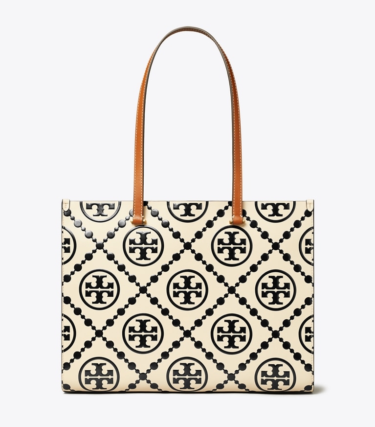Tory Burch designer tote bags T Monogram Contrast Embossed Tote in Black/White angle