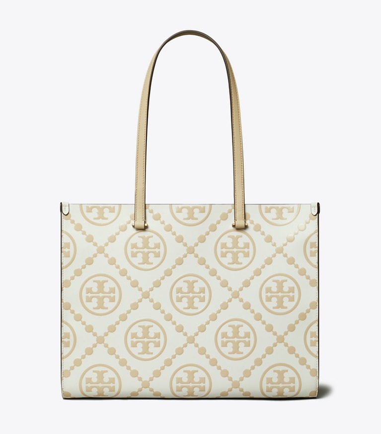 Tory Burch designer tote bags T Monogram Contrast Embossed Tote in Beige angle
