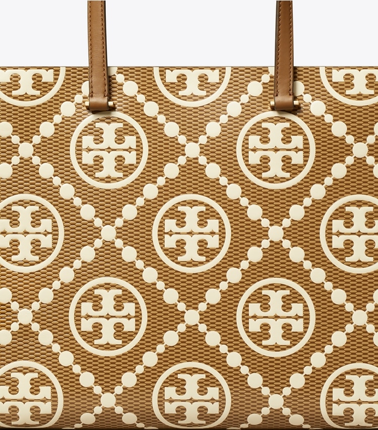 Tory Burch designer tote bags T Monogram Contrast Embossed Tote in Rich Walnut detail