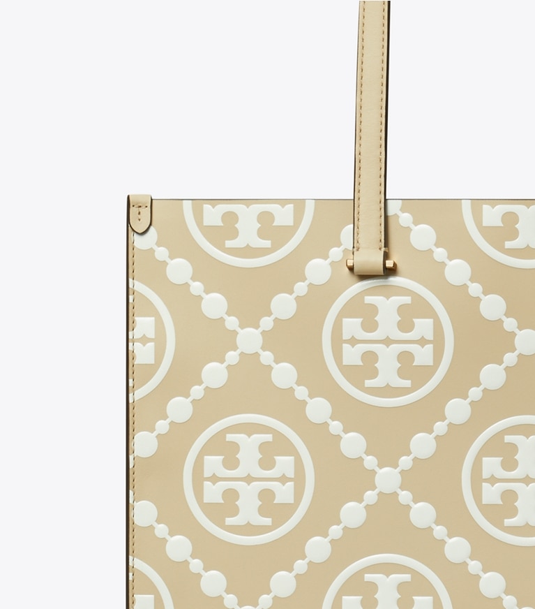 Tory Burch designer tote bags T Monogram Contrast Embossed Tote in Beige angle