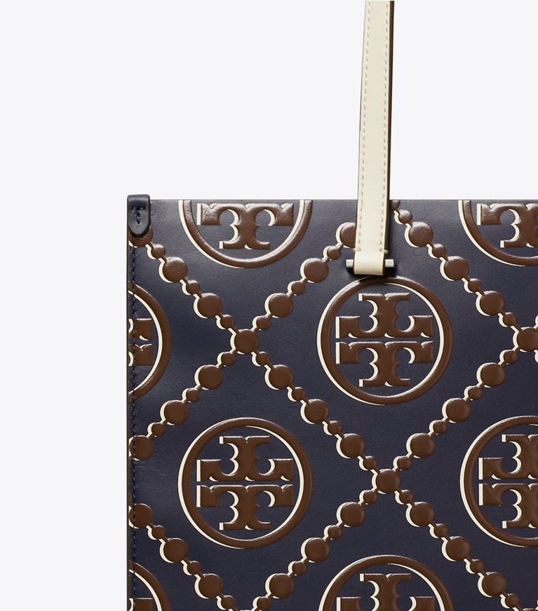 Tory Burch designer tote bags T Monogram Contrast Embossed Tote in Tory Navy / John Coco angle