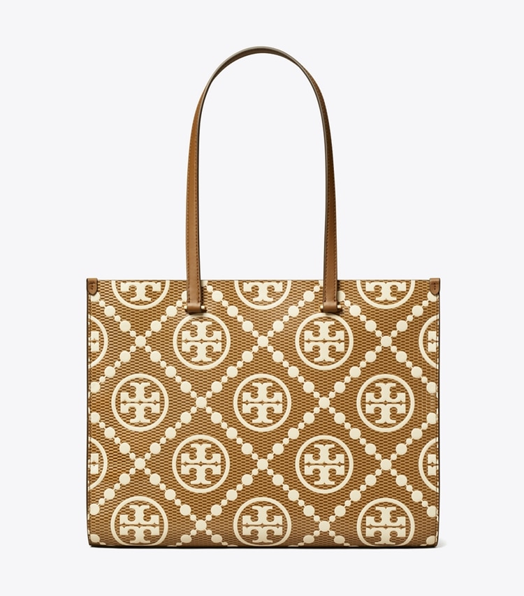 Tory Burch designer tote bags T Monogram Contrast Embossed Tote in Rich Walnut front