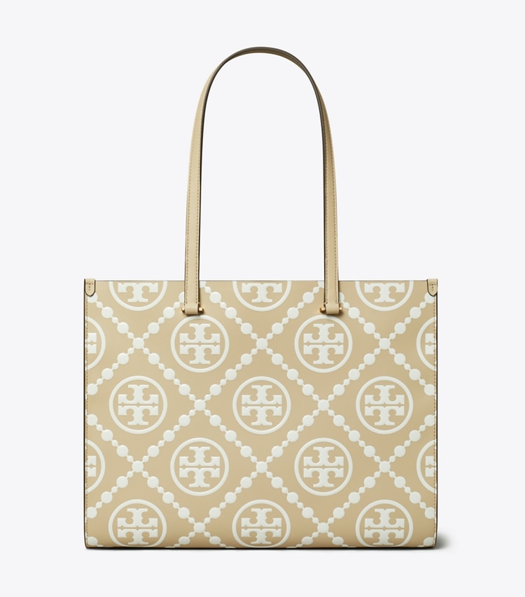 Tory Burch designer tote bags T Monogram Contrast Embossed Tote in Beige front