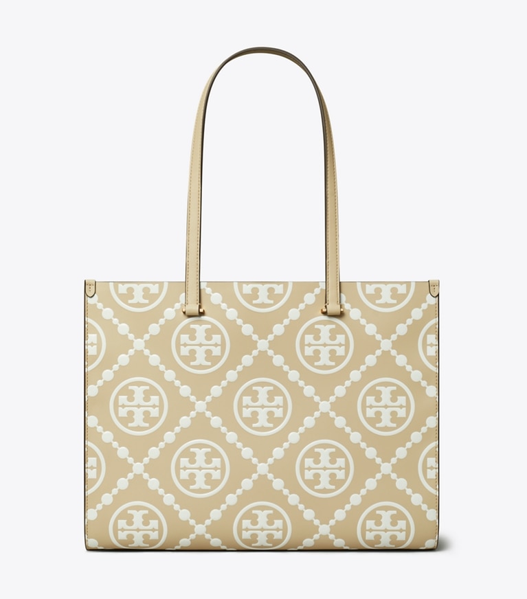 Tory Burch designer tote bags T Monogram Contrast Embossed Tote in Beige angle