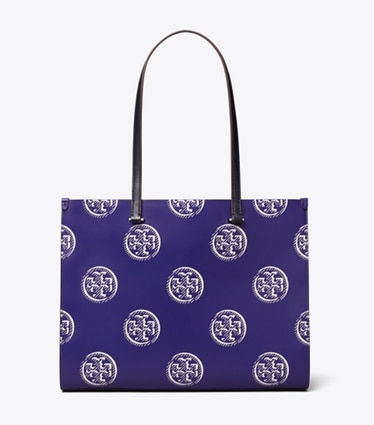 Tory Burch designer tote bags T Monogram Contrast Embossed Tote in Ballpoint Blue front