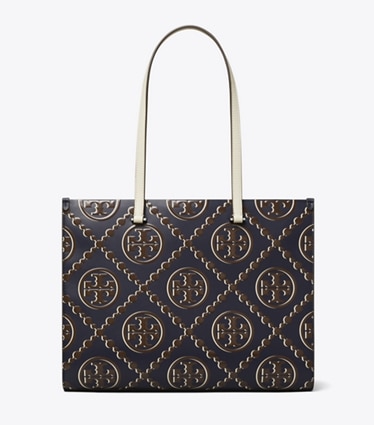 Tory Burch designer tote bags T Monogram Contrast Embossed Tote in Tory Navy / John Coco front