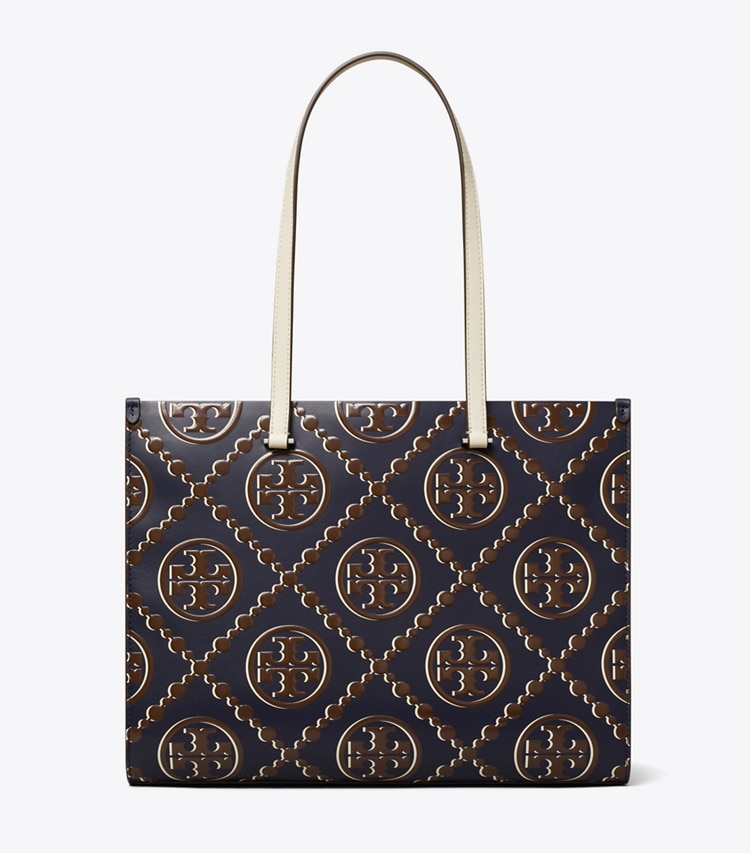 Tory Burch designer tote bags T Monogram Contrast Embossed Tote in Tory Navy / John Coco front