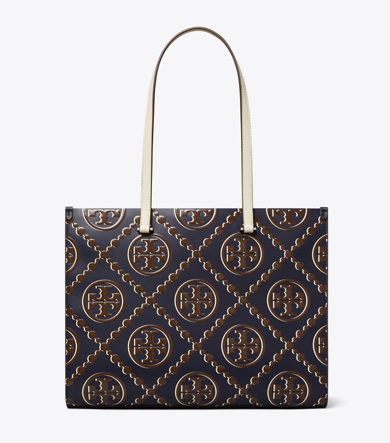 Tory Burch designer tote bags T Monogram Contrast Embossed Tote in Tory Navy / John Coco angle