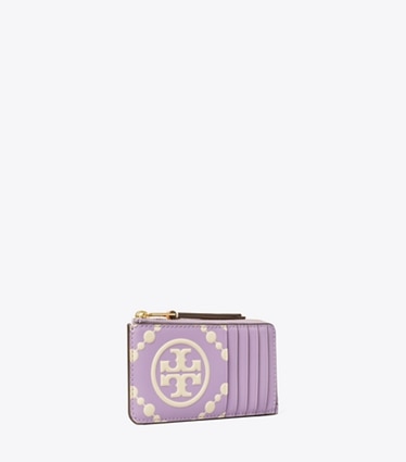 Tory Burch designer カードケース Tモノグラム コントラスト エンボス ジップカードケース in Novel Lilac / New Cream angle