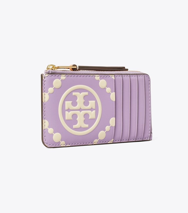 Tory Burch designer カードケース Tモノグラム コントラスト エンボス ジップカードケース in Novel Lilac / New Cream angle