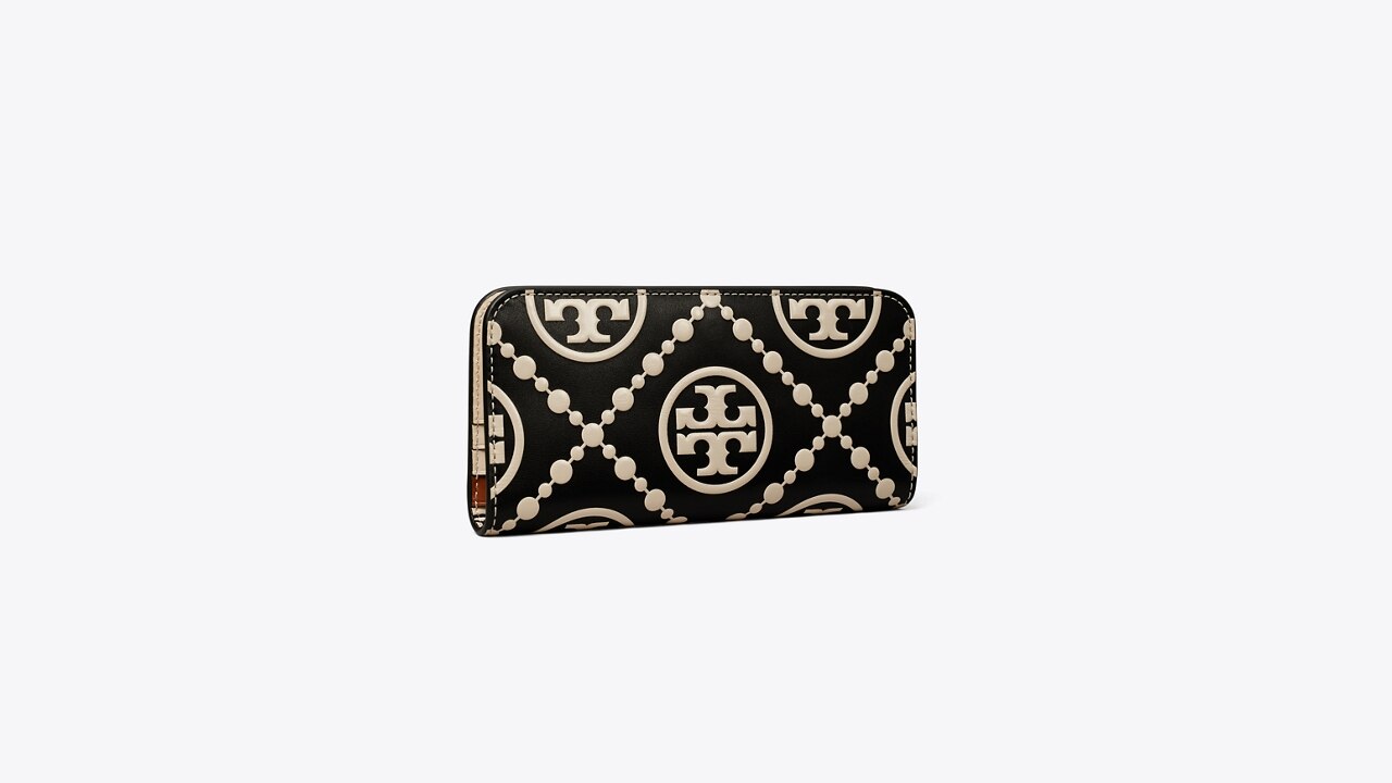T Monogram Contrast Embossed Zip Slim Wallet Women's Wallets & Card