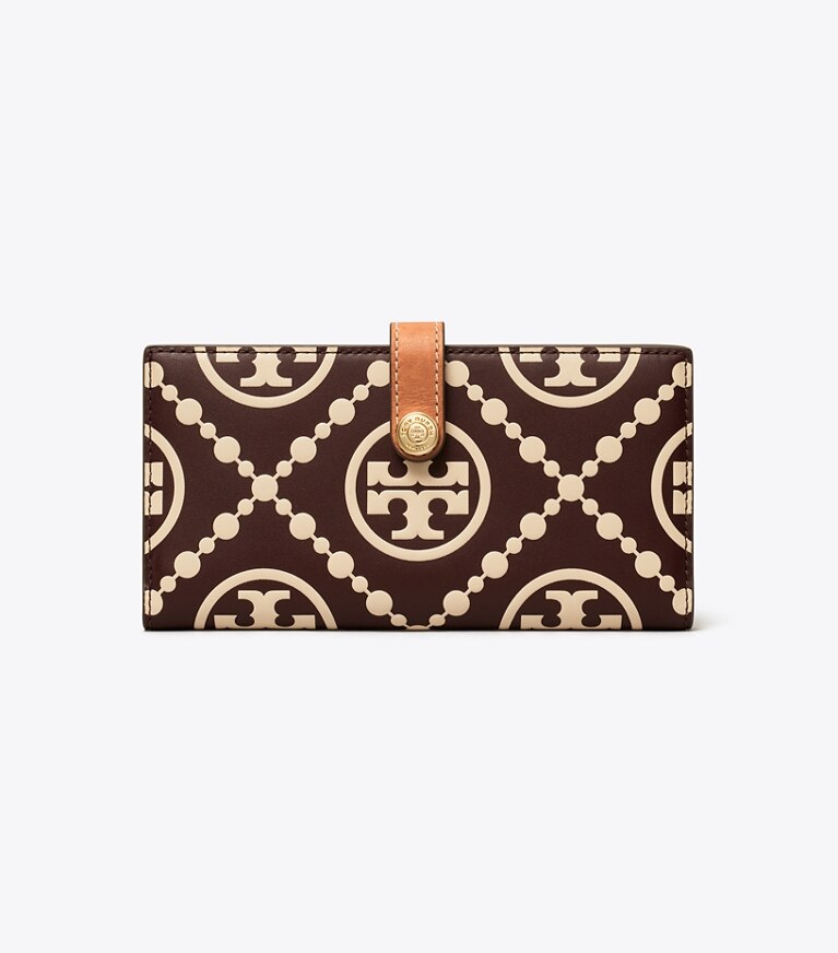 長財布 Tory Burch Leather And T Monogram Fabric Wallet T Monogram Contrast Embossed Zip Slim Wallet: Women's