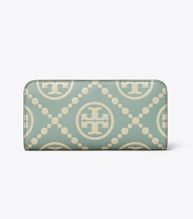 Tory Burch designer wallets T Monogram Contrast Embossed Zip Slim Wallet in Blue Celadon / New Cream angle