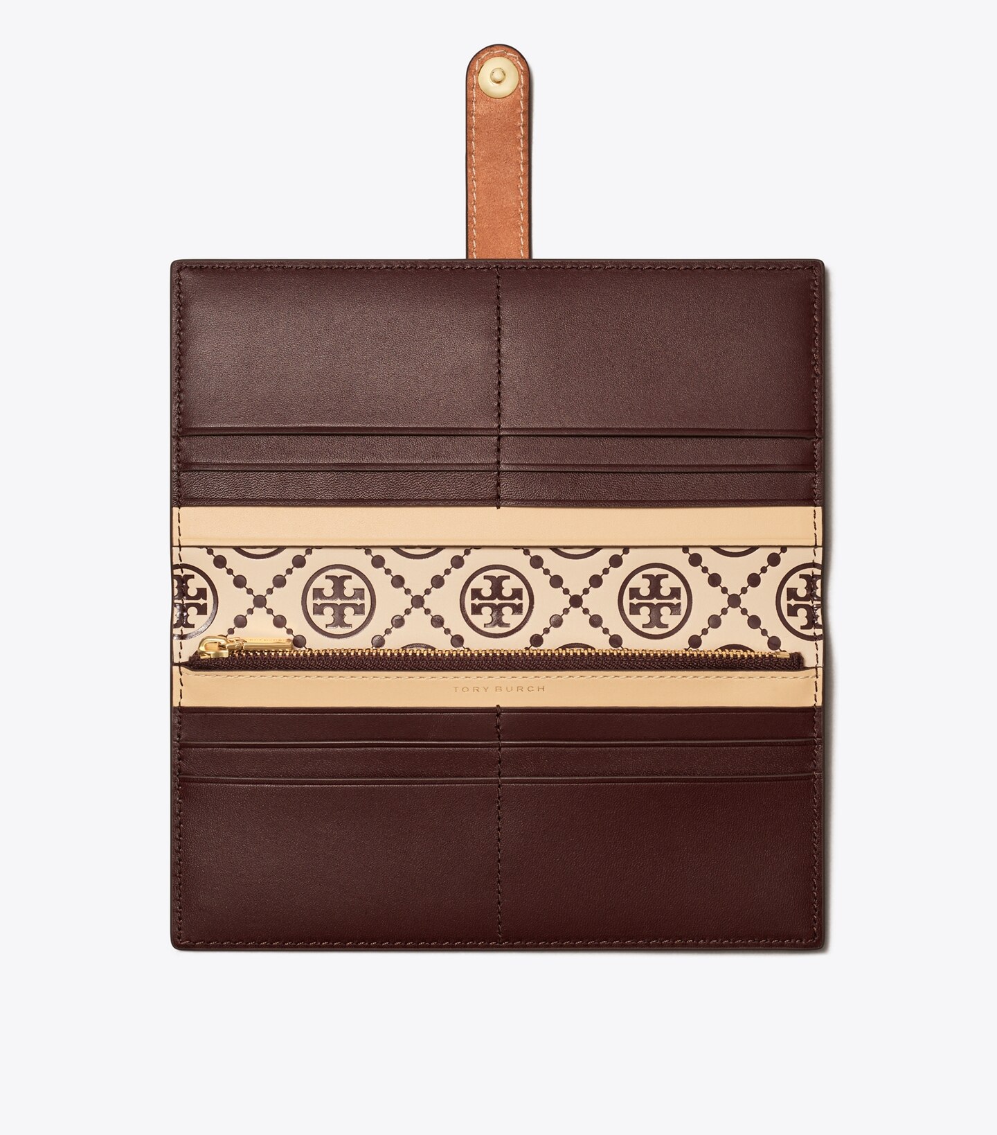 T Monogram Contrast Embossed Zip Slim Wallet