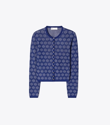 Tory Burch designer セーター Tモノグラム コットン カーディガン in Blue / Silver front