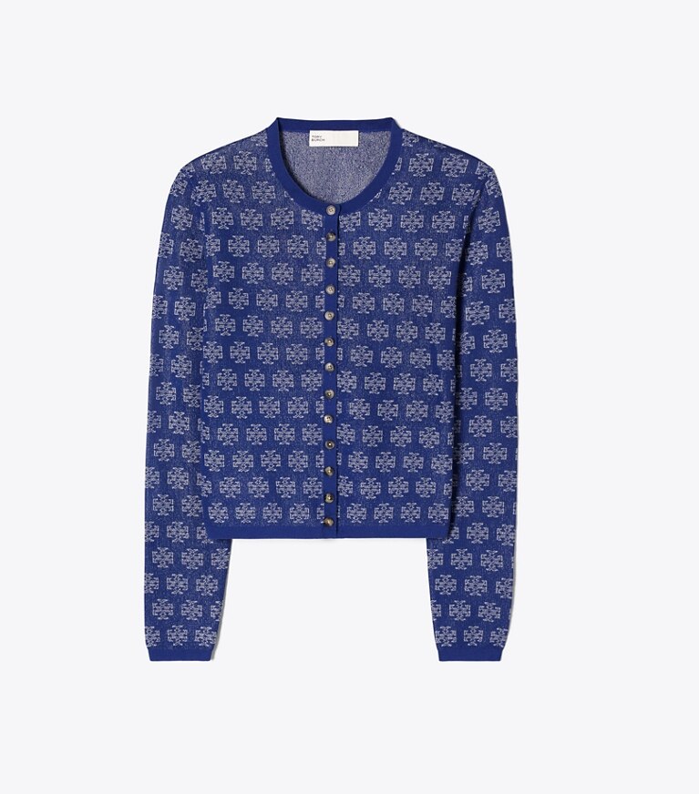 Tory Burch designer セーター Tモノグラム コットン カーディガン in Blue / Silver front