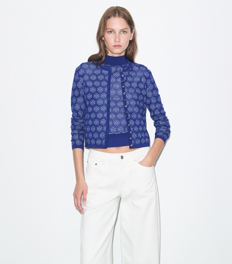 Tory Burch designer セーター Tモノグラム コットン カーディガン in Blue / Silver on model detail